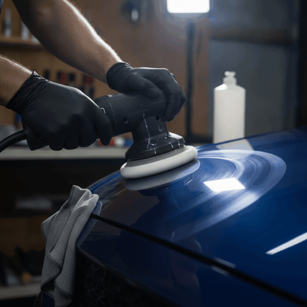 Professionnel du detailing appliquant polish sur carrosserie avec polisseuse orbitale dans atelier équipé