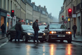 Accident de voiture à un carrefour de Rennes avec deux véhicules impliqués et conducteurs sur place