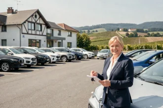 Parking d'une agence de location de voitures dans le Haut-Rhin avec une rangée de véhicules modernes et une cliente tenant des clés