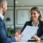 Agent d'assurance confiant en bureau moderne et lumineux