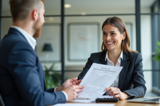 Agent d'assurance confiant en bureau moderne et lumineux