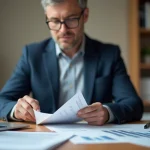 Agent d'assurance examinant des documents de contrat liés à un moteur dCi dans un bureau professionnel