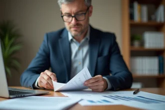 Agent d'assurance examinant des documents de contrat liés à un moteur dCi dans un bureau professionnel