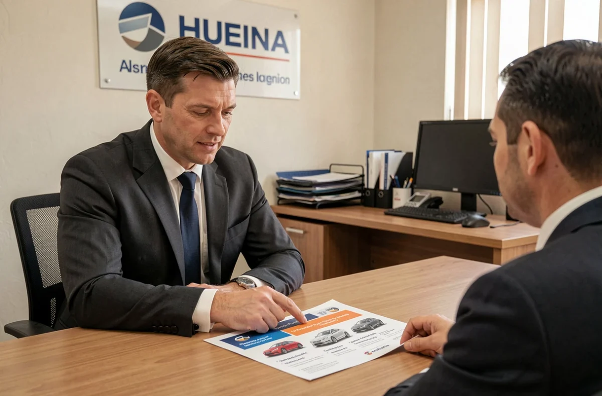 Agent d'assurance expliquant à un client comment le modèle de voiture influence le tarif de l'assurance auto