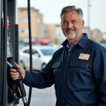 Agent de station essence devant pompes en ville