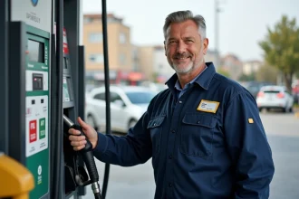 Agent de station essence devant pompes en ville
