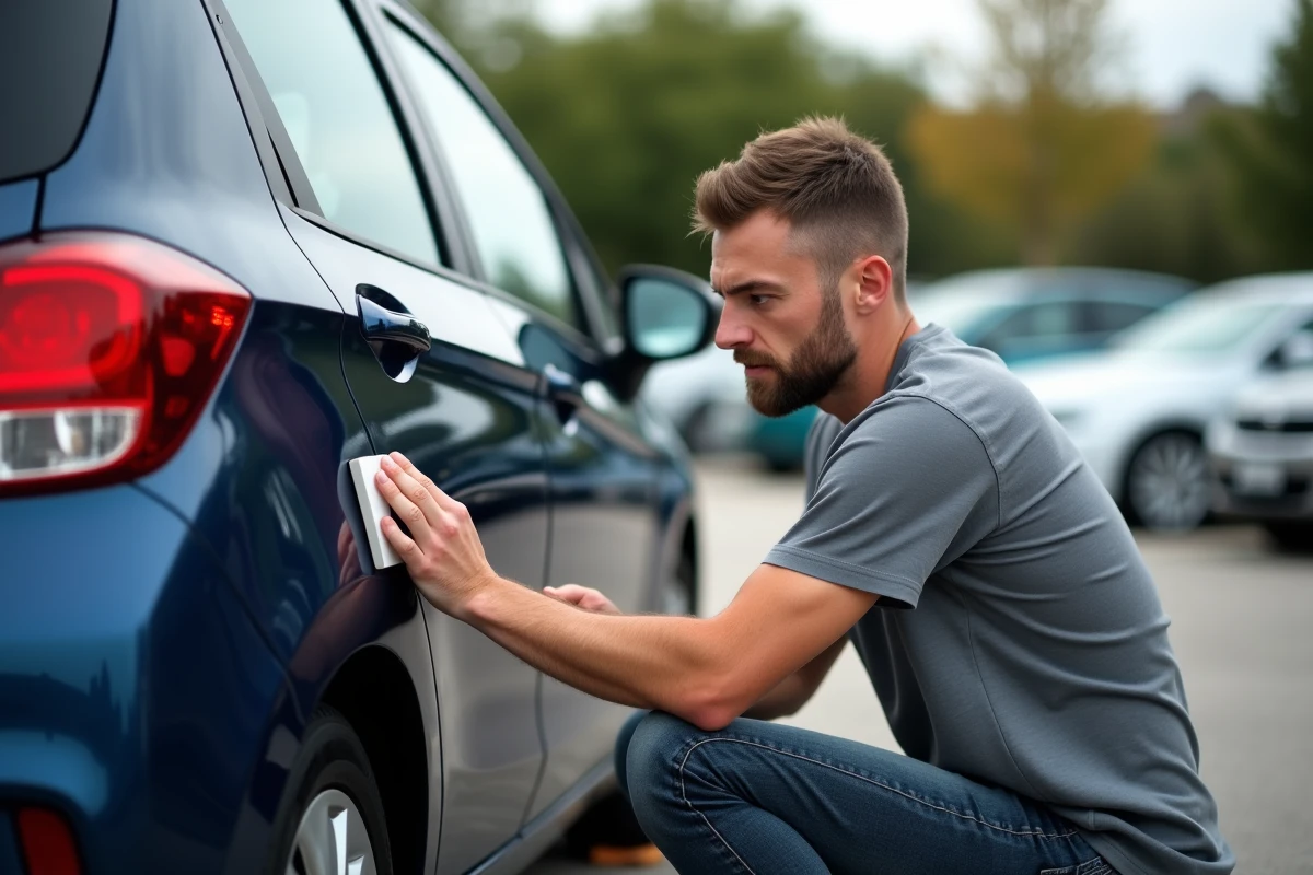 Homme appliquant un kit efface-rayures sur la carrosserie bleue d'une voiture dans un parking