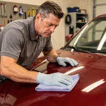 Homme appliquant du polish sur la carrosserie rouge d'une voiture dans un garage privé propre
