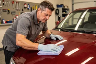Homme appliquant du polish sur la carrosserie rouge d'une voiture dans un garage privé propre