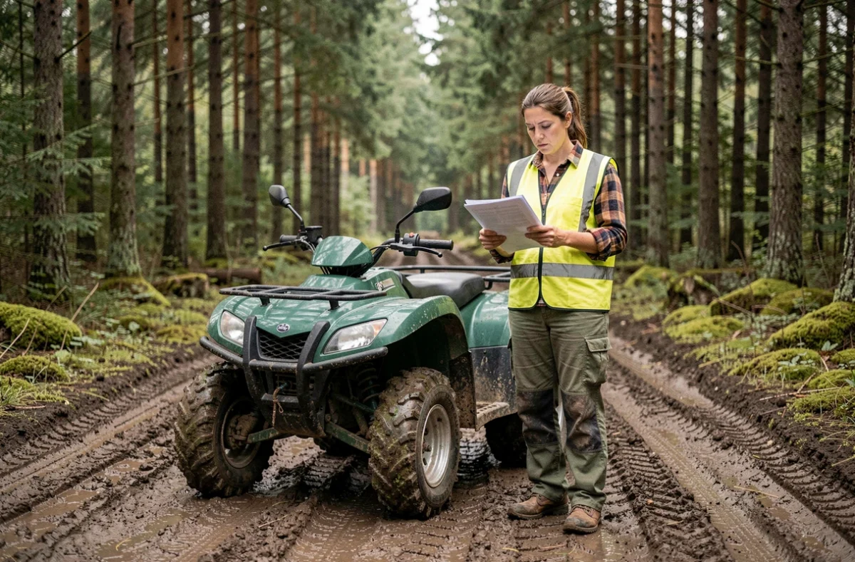 Femme consultant un document d'assurance à côté d'un quad vert sur piste forestière privée