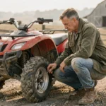Homme inspectant un quad rouge sur un terrain privé agricole, illustrant la question de l'assurance quad hors route