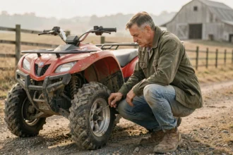 Homme inspectant un quad rouge sur un terrain privé agricole, illustrant la question de l'assurance quad hors route