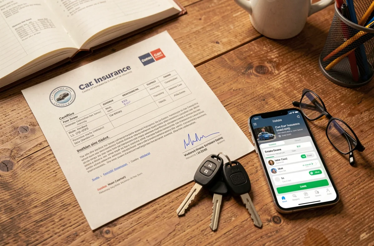 Attestation d'assurance auto imprimée avec clés de voiture et smartphone sur un bureau