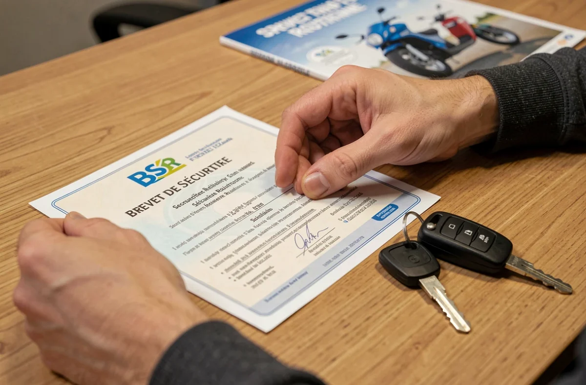 Mains posant une attestation BSR et des clés de voiture sans permis sur un bureau en bois, symbolisant l'examen requis