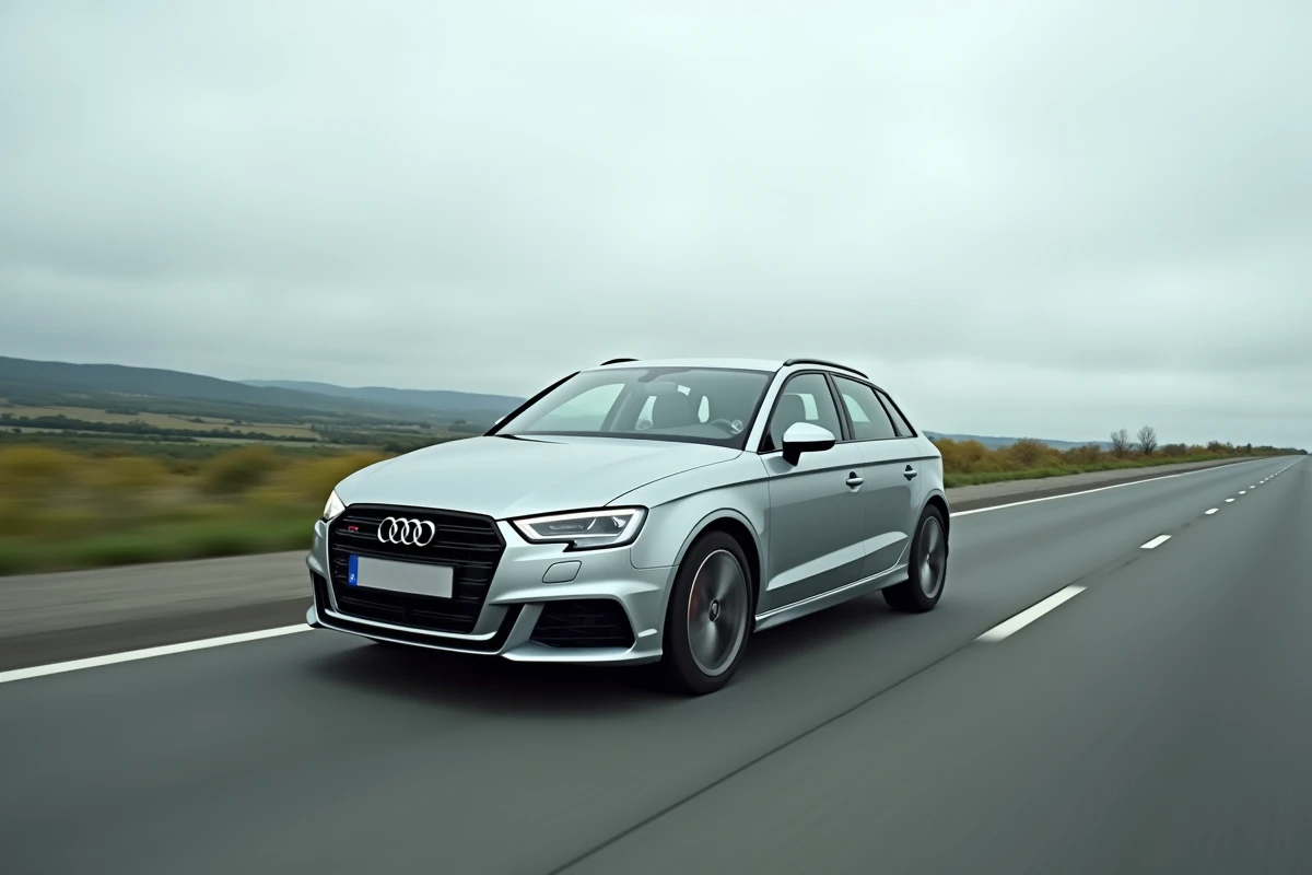 Audi A3 Sportback argentée en circulation sur l'autoroute française, illustrant ses dimensions adaptées aux trajets longue distance