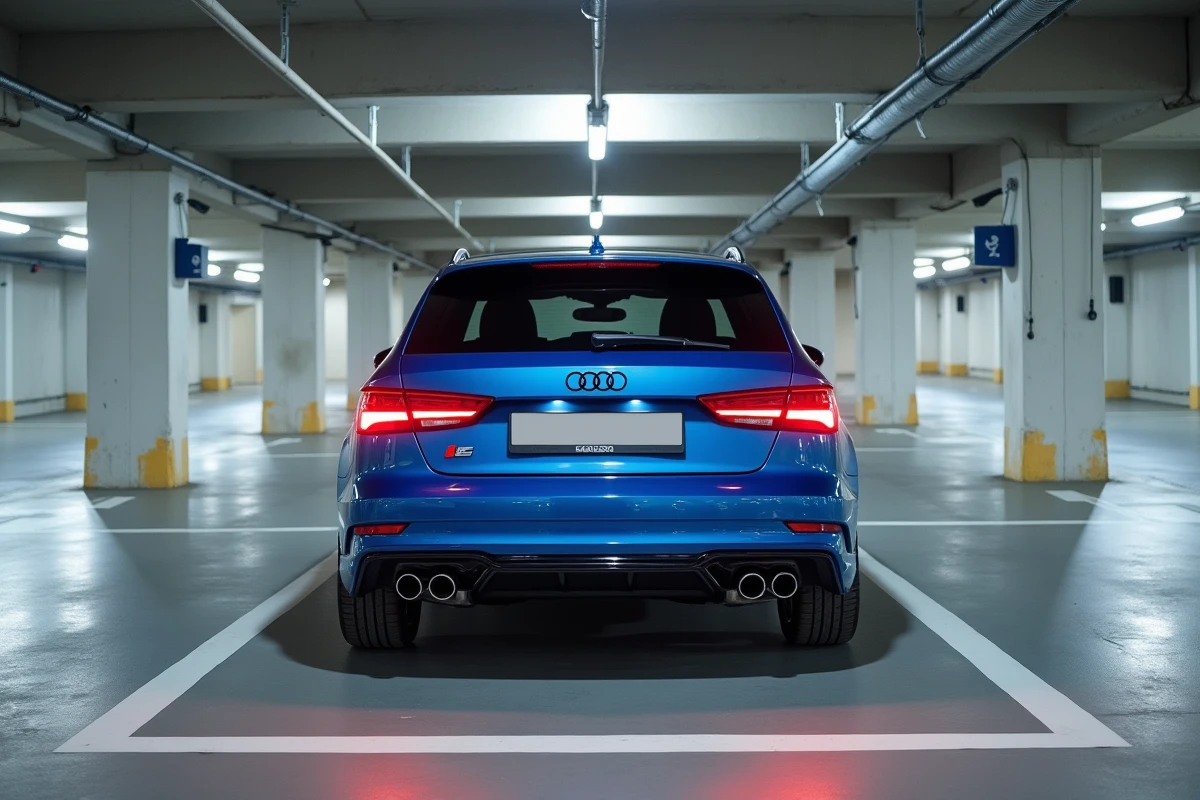 Audi A3 Sportback bleue garée dans un parking urbain, montrant son gabarit compact idéal pour les espaces restreints en ville