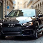 Audi A3 Sportback noire garée dans une rue urbaine européenne, vue trois quarts avant mettant en valeur son gabarit compact