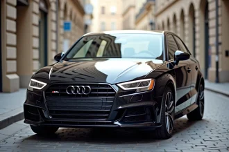 Audi A3 Sportback noire garée dans une rue urbaine européenne, vue trois quarts avant mettant en valeur son gabarit compact