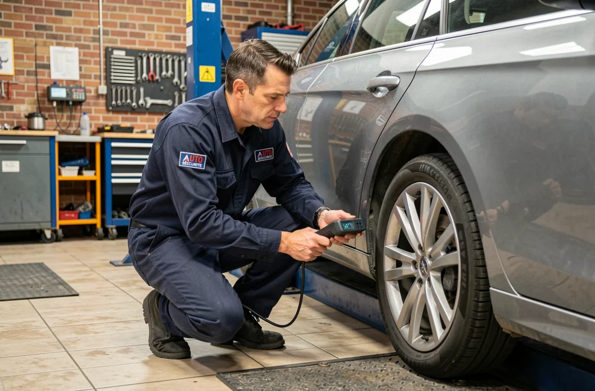 Technicien Auto Sécurité Lille-Centre effectuant un contrôle technique sur une berline grise dans un garage urbain