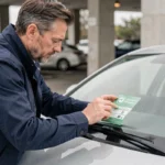 Homme collant une vignette d'assurance verte sur le pare-brise d'une voiture dans un parking