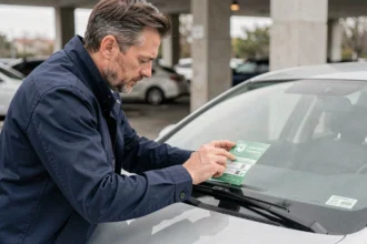 Homme collant une vignette d'assurance verte sur le pare-brise d'une voiture dans un parking