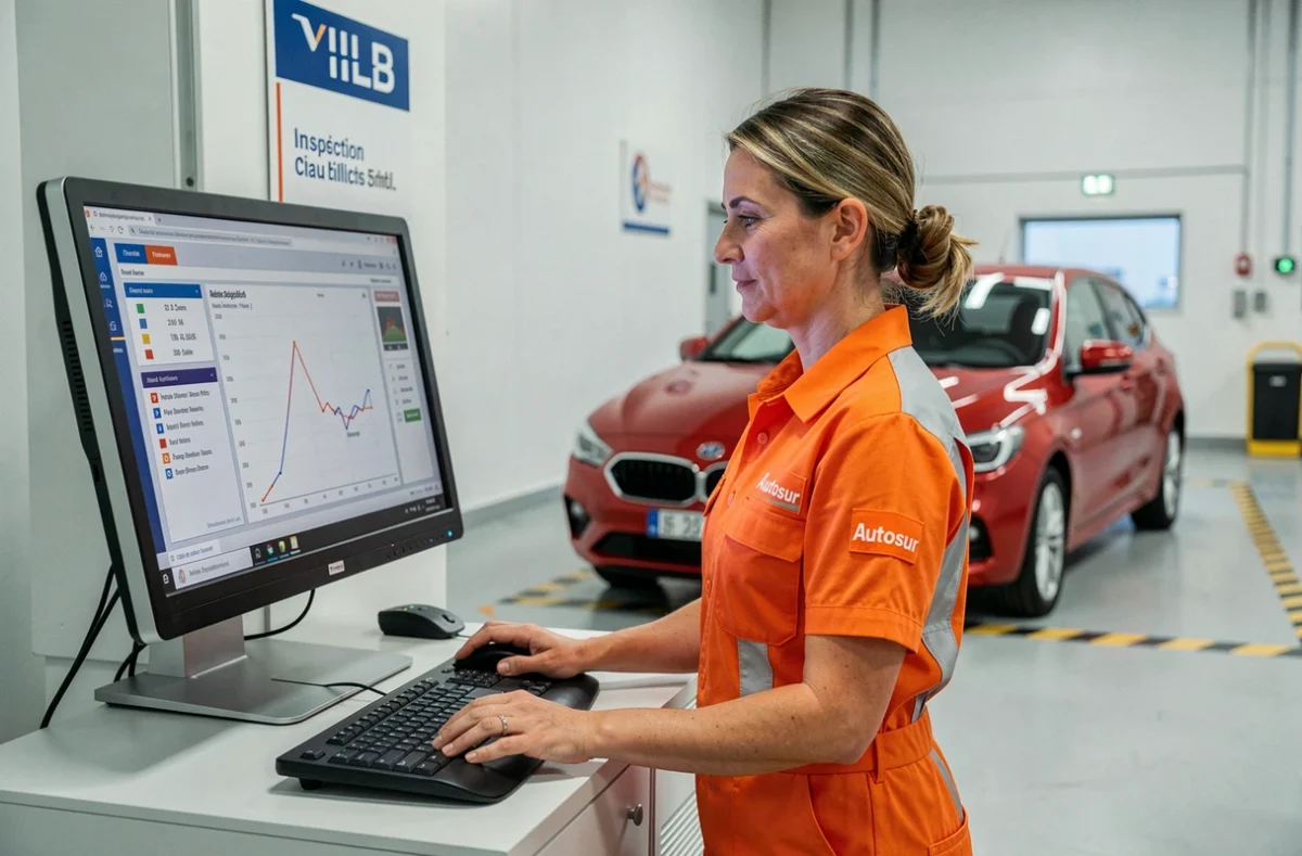 Inspectrice Autosur Lille analysant les résultats d'un contrôle technique sur un terminal informatique avec une voiture rouge en arrière-plan