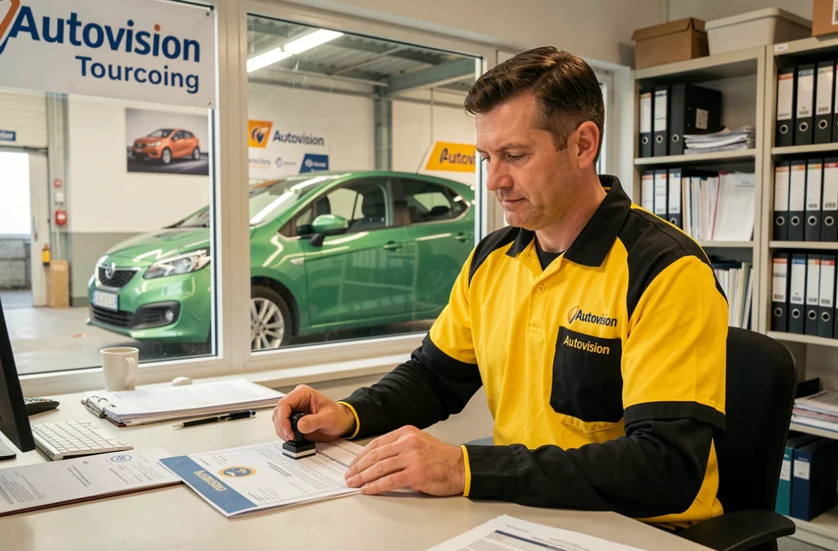Inspecteur Autovision Tourcoing tamponner un certificat de contrôle technique à son bureau avec une voiture verte visible en arrière-plan