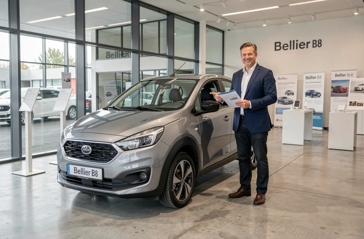 Bellier B8 exposée dans une concession automobile avec un vendeur présentant un catalogue tarifaire