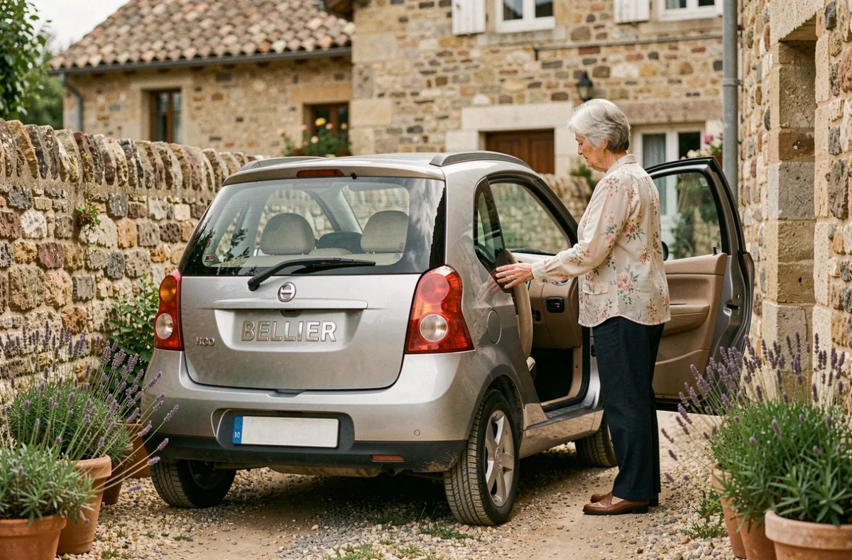 Femme senior utilisant une voiture sans permis Bellier B8 dans une allée de maison de village française