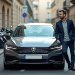 Homme appuyé sur une berline moderne dans une rue urbaine française, illustrant le compromis entre puissance et fiscalité automobile