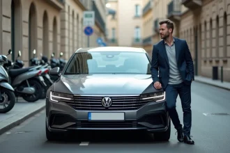 Homme appuyé sur une berline moderne dans une rue urbaine française, illustrant le compromis entre puissance et fiscalité automobile