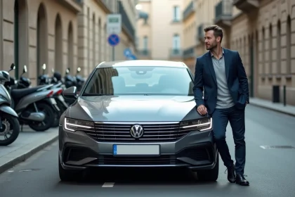 Homme appuyé sur une berline moderne dans une rue urbaine française, illustrant le compromis entre puissance et fiscalité automobile