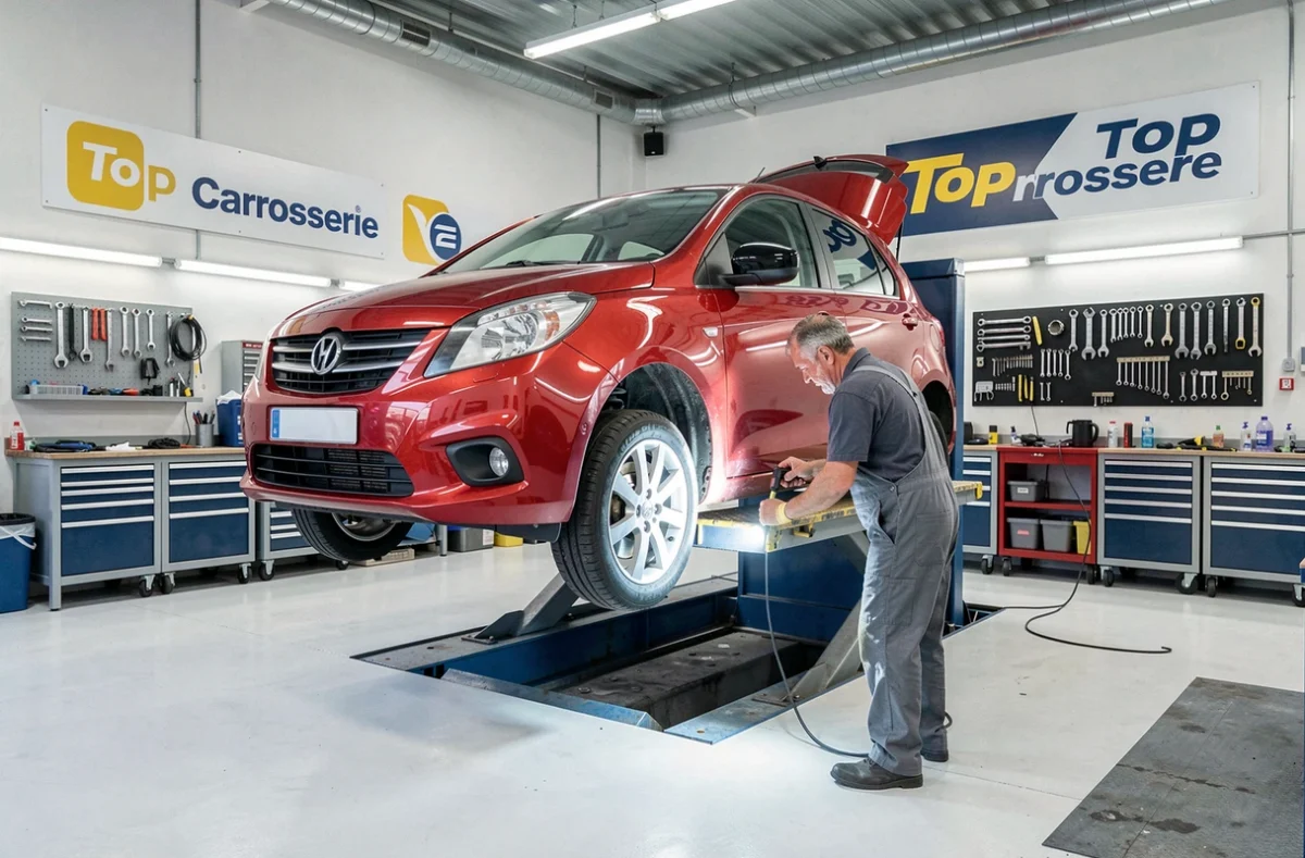 Véhicule rouge inspecté sur pont élévateur à l'atelier Blay SARL Top Carrosserie à La Ferté-Saint-Aubin