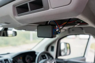 Boîtier de géolocalisation installé sous le tableau de bord d'un utilitaire