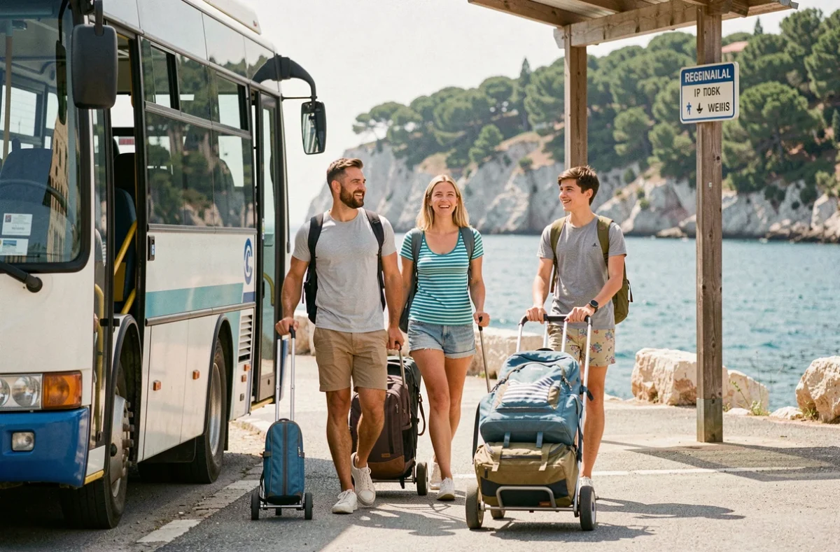 Famille arrivant en bus à Carry-le-Rouet pour éviter les embouteillages et le manque de parking en saison