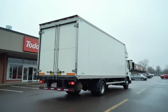 Camion de déménagement 20m3 avec hayon hydraulique abaissé dans un parking de grande surface