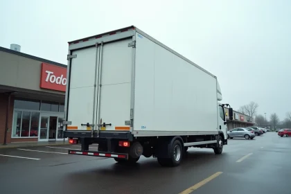 Camion de déménagement 20m3 avec hayon hydraulique abaissé dans un parking de grande surface