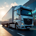 Camion lourd moderne dans un hub logistique avec écran de coûts
