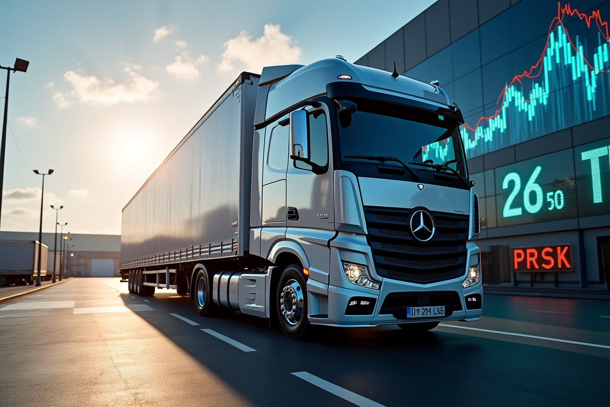 Camion lourd moderne dans un hub logistique avec écran de coûts