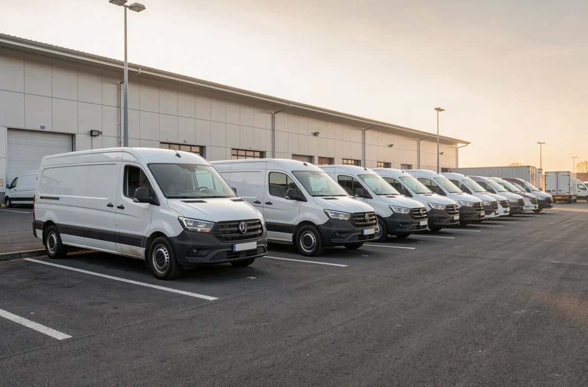 Camionnettes d'entreprise garées en rang sur le parking d'un dépôt