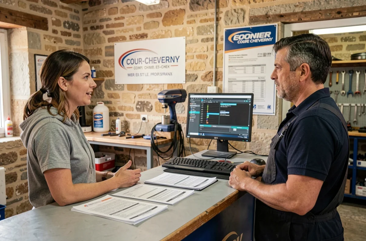 Cliente en consultation avec un conseiller de la Carrosserie Martins à Cour-Cheverny dans le Loir-et-Cher