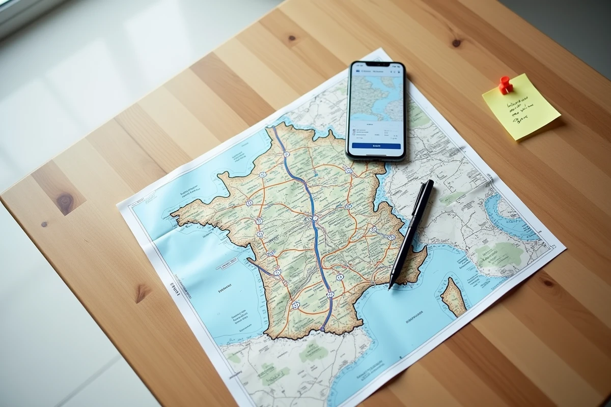 Vue aérienne d'une carte des autoroutes françaises avec smartphone et stylo sur une table en bois