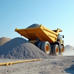Chantier de construction moderne avec camion-toupie déchargeant du gravier