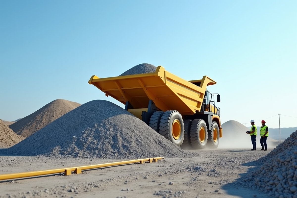 Chantier de construction moderne avec camion-toupie déchargeant du gravier