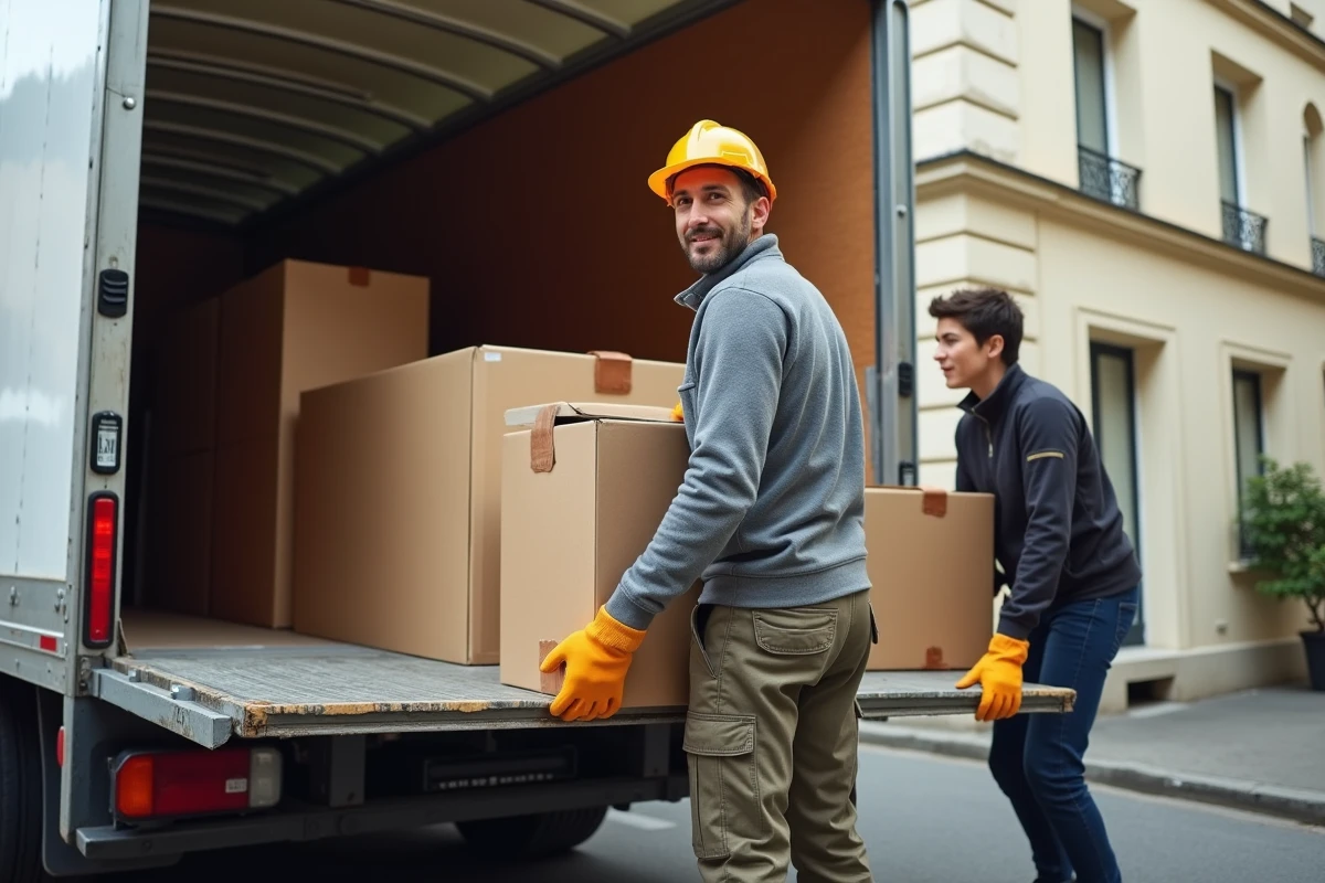 Couple chargeant des cartons sur le hayon d'un camion 20m3 devant un immeuble résidentiel français