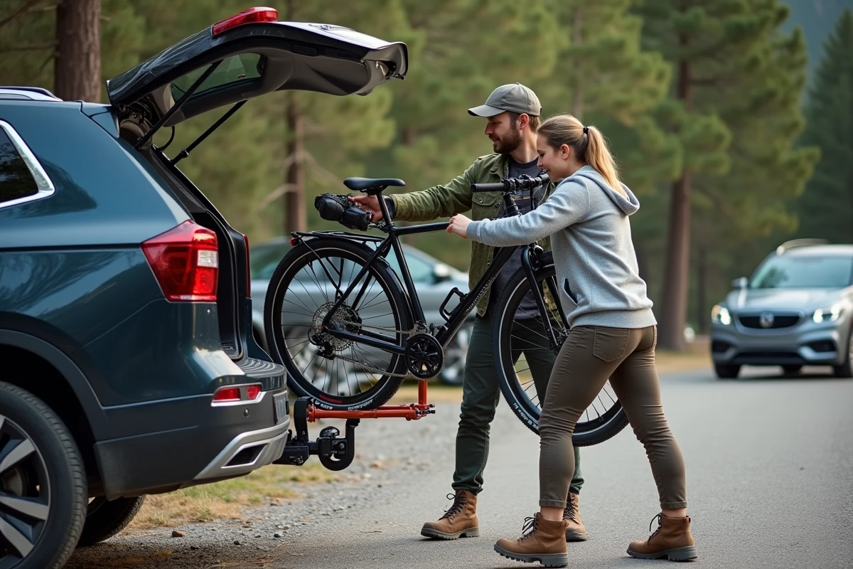 Couple chargeant un vélo électrique lourd sur un porte-vélo attelage 4 places dans un parking de montagne