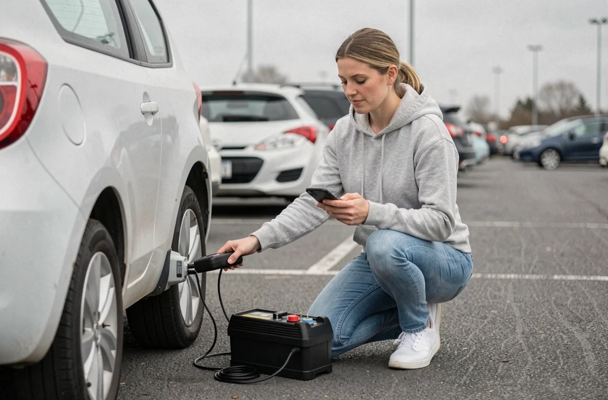 Femme branchant un chargeur de batterie portable sur une voiture dans un parking extérieur en ville