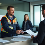 Conducteur de camion remettant des papiers à un agent