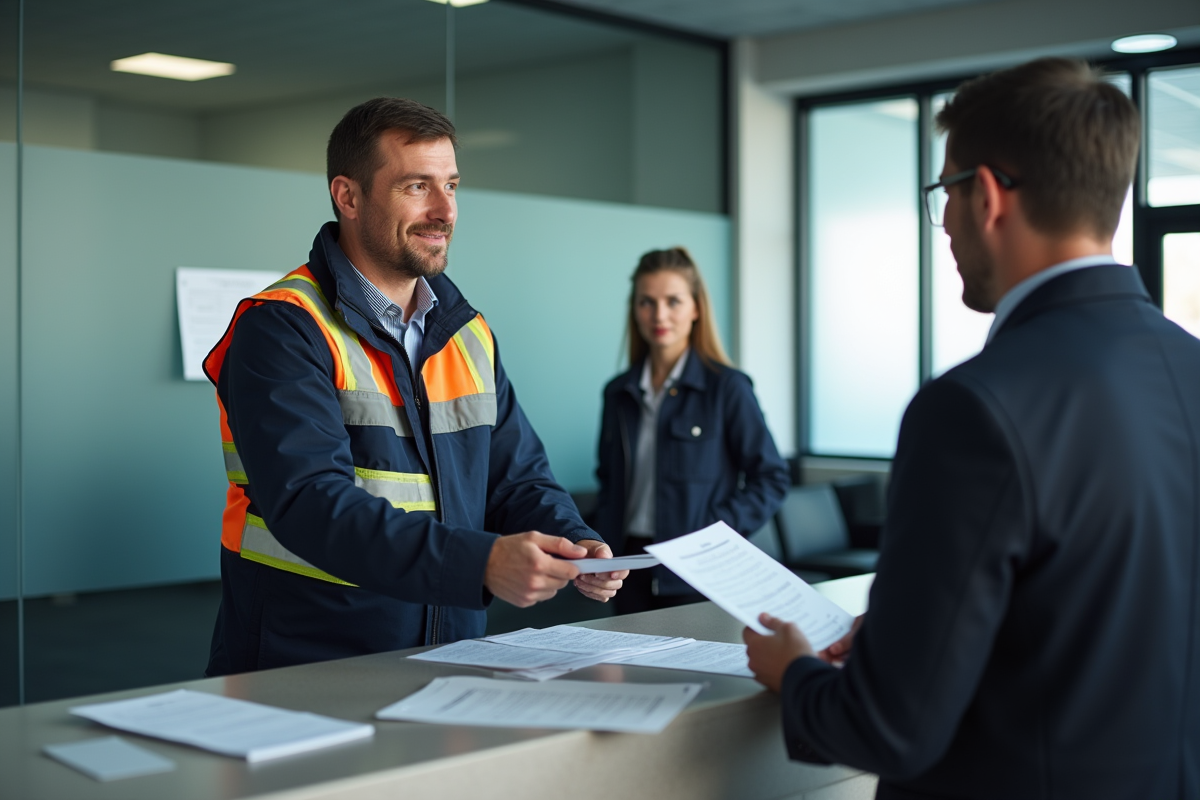 Conducteur de camion remettant des papiers à un agent