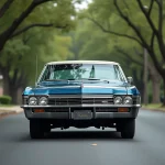 Chevrolet Impala 1967 bleu nuit garée dans une rue suburbaine avec des chênes en arrière-plan